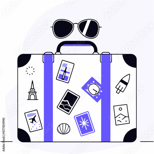 Travel suitcase with stickers and sunglasses in flat style