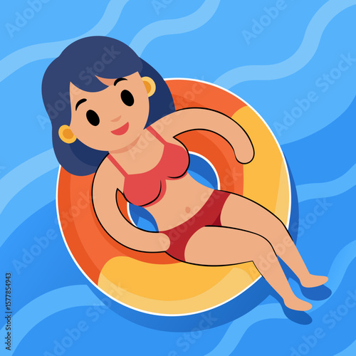 Woman relaxing on swim ring in pool flat illustration