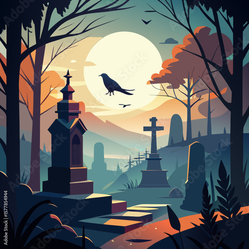 Spooky cemetery at dusk with tombstones and full moon illustration