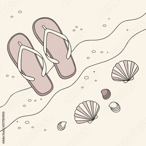 Flip flops and seashells on sandy beach in soft pastel tones