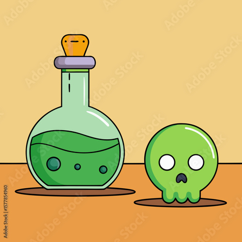 Cartoon poison bottle with green skull icon on yellow background