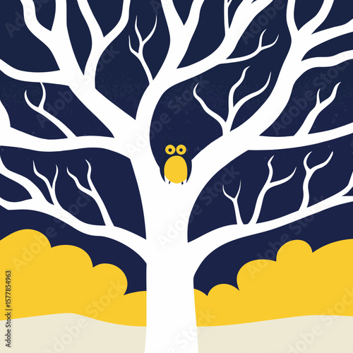 Yellow owl perched in white tree at night in flat design