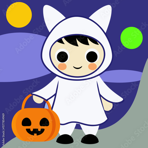 Child in white costume trick-or-treating at night