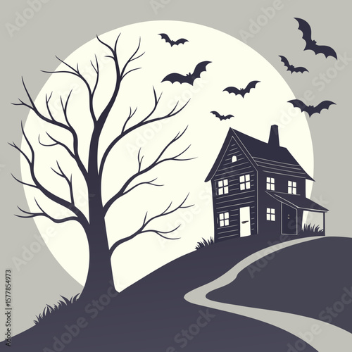 Haunted house and flying bats under full moon at night