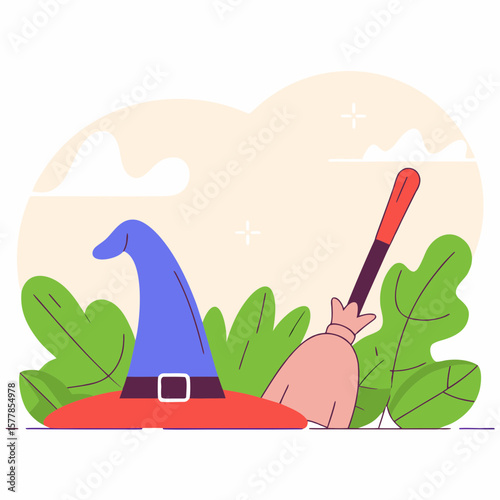 Witch hat and broomstick in flat style with leaves background