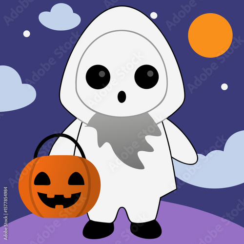 Child in ghost costume holding pumpkin bucket at night