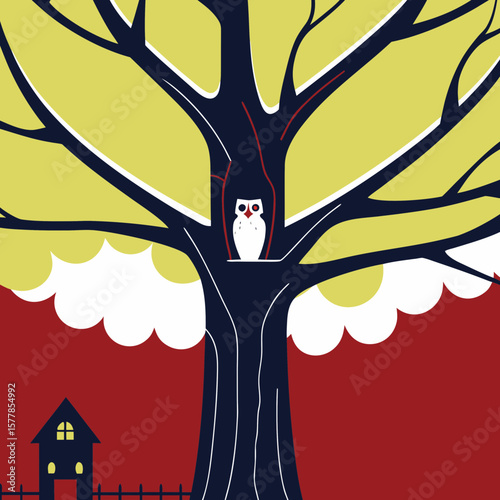 Owl sitting in tree hollow in flat vector style illustration