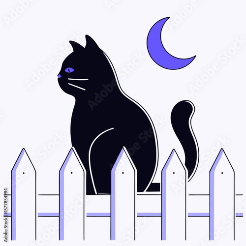 Black cat sitting on white fence under crescent moon at night
