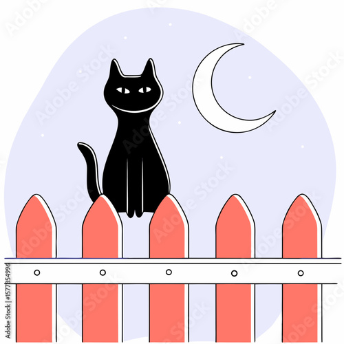 Black cat sitting on fence under moonlight in flat style