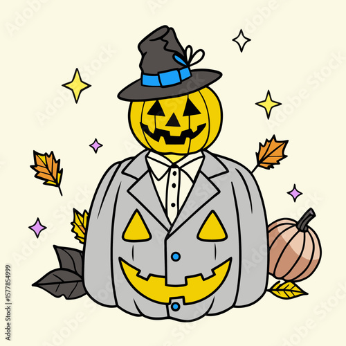Pumpkin-headed scarecrow in suit with autumn leaves and stars