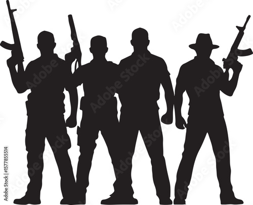 Four armed men silhouettes rifles guns