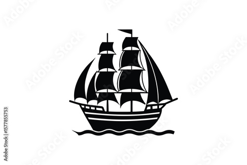 Sailing Ship on Water Black and White Vector Illustration silhouette