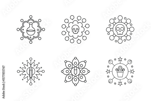 Halloween Mandala Coloring Pages Set. Potions, Skulls and Magic Spells Vector Illustration.