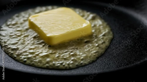 Premium salted butter block melting on a griddle for cooking delicious food preparation use case