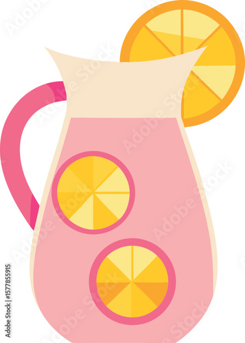 Refreshing Pink Lemonade Pitcher with Orange Slices, Summer Drink, Beverage Illustration, Flat Design, Vector Graphic, Tasty and Cool, Perfect...