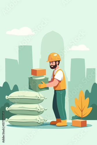 Construction worker stacking materials, industrious mood, representing teamwork, on a light green background with copy space