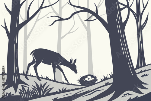 Deer Bowing Near Empty Nest — Grief and Respect Silhouette Nature Scene
