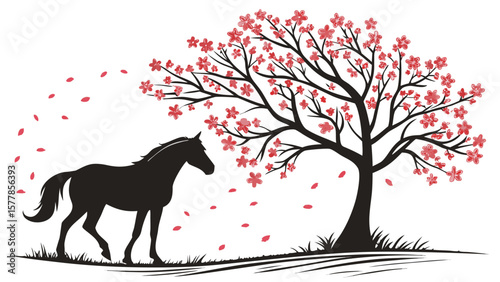 Horse Standing Beneath Blossoming Tree — Renewal and Hope Scene