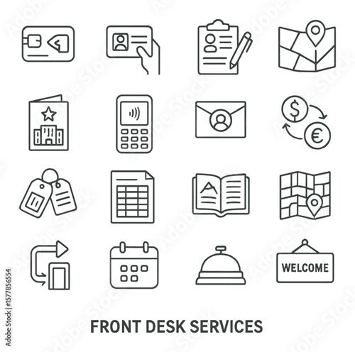 Hotel services icon collection, front desk symbols. reception and travel amenities set