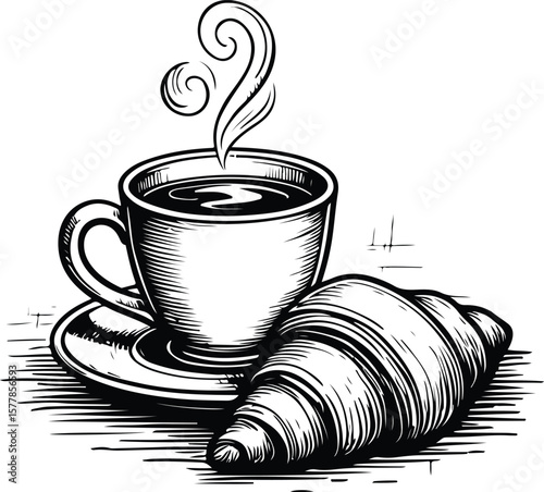 Hot coffee and croissant breakfast saucer pastry