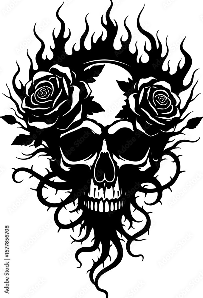 Obraz premium Flaming Skull with Roses Tattoo Design
