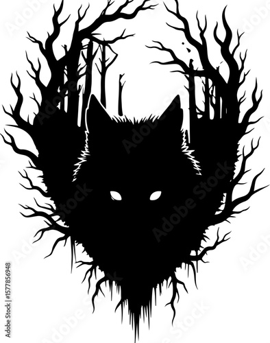 Forest Spirit Wolf Silhouette Tattoo Design" graphics