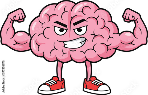 Cartoon strong brain character flexing muscles, smart intelligence mascot vector, confident brain fitness concept, 