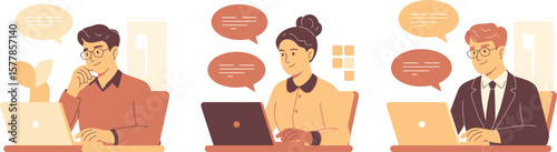 Three diverse people working on laptops with speech bubbles indicating communication