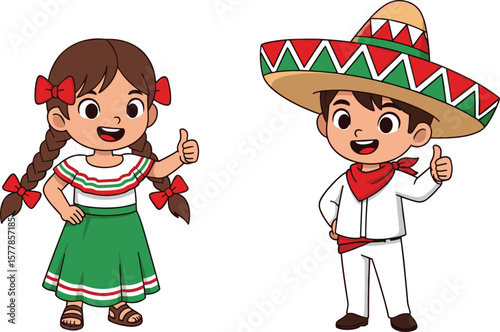 Cute cartoon Mexican boy and girl in traditional costume, thumbs up pose, cultural dress, festive outfit, Mexican heritage, smiling characters