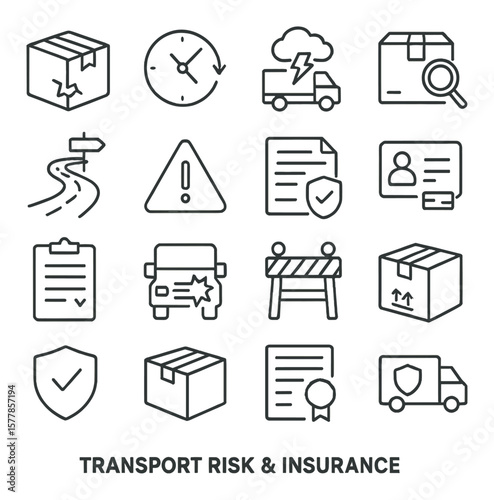 Transport risk collection, insurance symbols. logistics safety and hazard prevention set