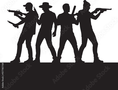 Men holding weapons silhouette group
