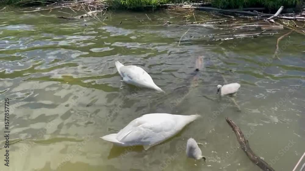 a family of swans feeding a family of swans feeding