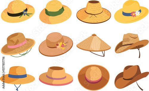 Collection of diverse straw hats and cowboy hats for sun protection and fashion