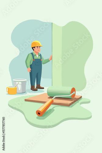 Painter preparing the wall, creative mood, representing home improvement, on a light green background with copy space