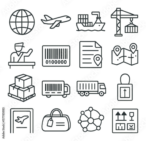 Global shipping collection, transport and delivery icons set. logistic and cargo symbols