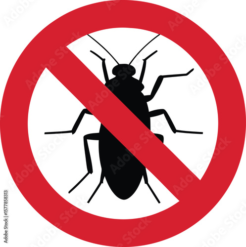 Black silhouette of a cockroach inside a red prohibition circle on a white background