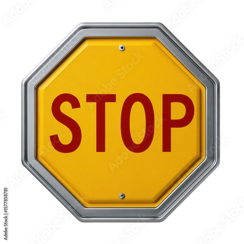 Octagonal yellow stop sign with red lettering isolated on transparent background