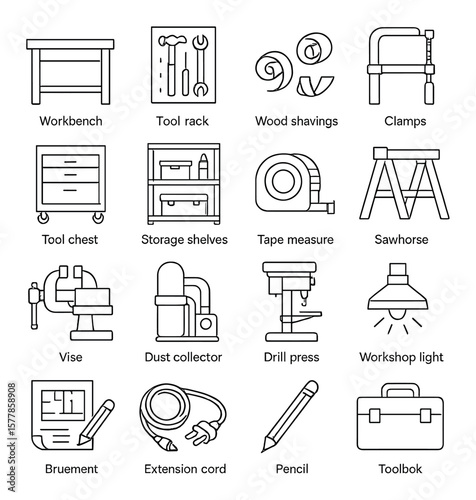 Workshop essentials collection, carpentry and diy tools set. handyman and craft symbols
