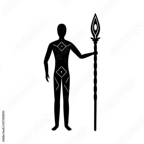 Mystic figure holding spear tribal warrior design illustration silhouette