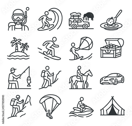 Exotic hobby icon collection, adventure and leisure symbols for lifestyle enthusiasts