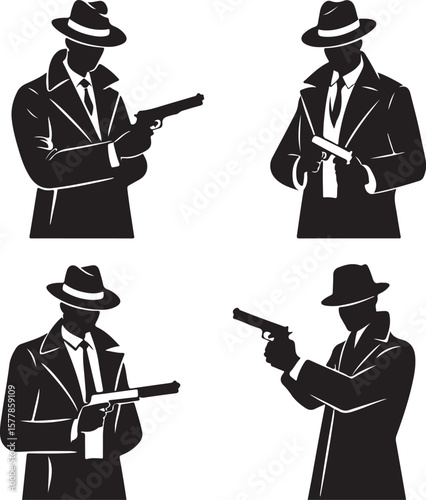 Silhouetted men in hats and coats holding guns vector
