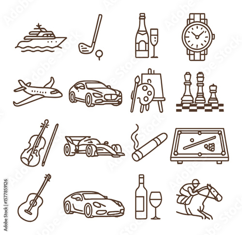 Luxury hobby icon collection, premium lifestyle elements. leisure and recreation set