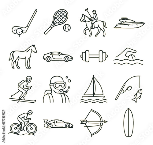 Luxury sports icon collection, elegant athletic symbols. exclusive recreation designs set