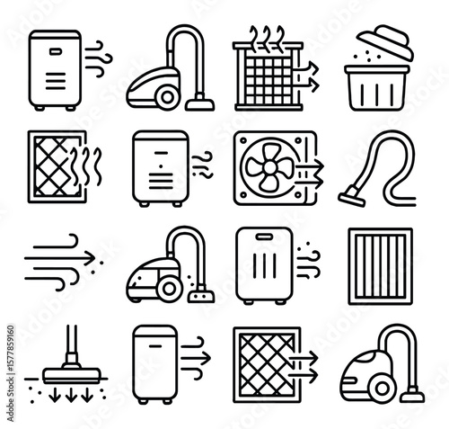 Air cleaning gadgets collection, air purifier and filtration icons, home appliance set