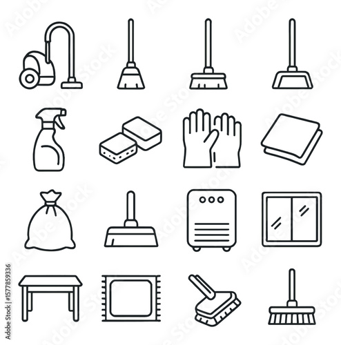Household cleaning collection, hygiene and tidying symbols. home care and sanitation set