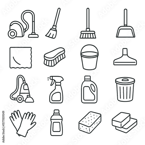 Cleaning tools collection, household maintenance symbols. cleaning supplies set