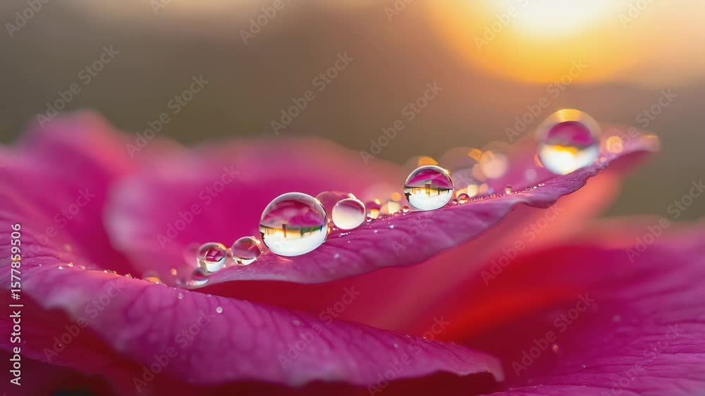 Close-up macro timelapse of dewdrops forming on a flower petal as the sun sets in the background