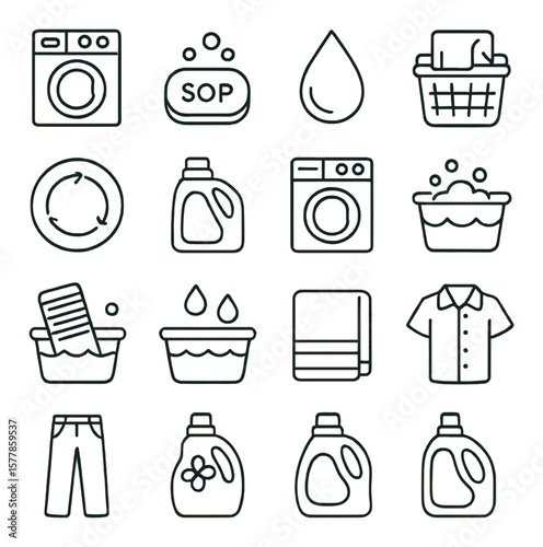 Laundry icon collection, washing symbols. clothing care and detergent design set