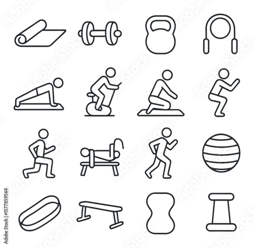 Home workout collection, fitness exercise icons. stay fit, indoor gym routine symbols