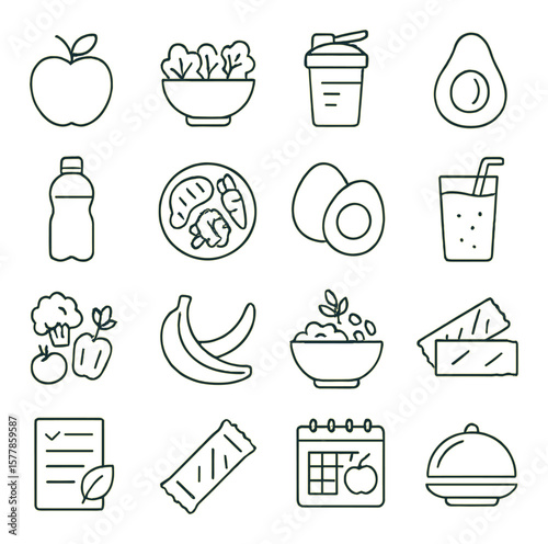 Nutrition icons collection, healthy eating symbols. food and wellness graphics set